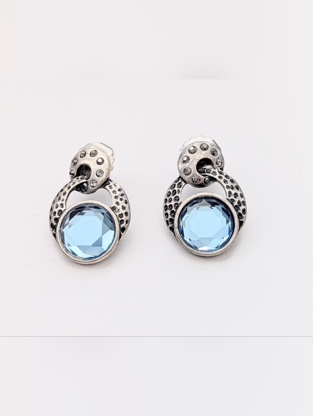 Vintage Lia Sophia Kiam Family Hammered Silver-Tone Light-Blue Pierced Earrings